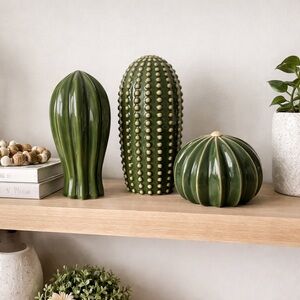 Ceramic Cactus Decor Set of 3 Glossy Green Modern Boho Shelf Accent